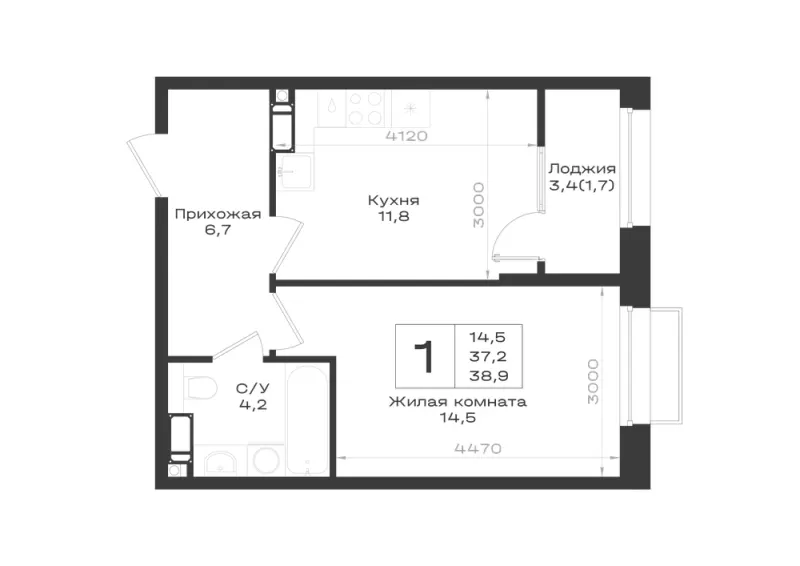 1-комн. 38.9 м²
