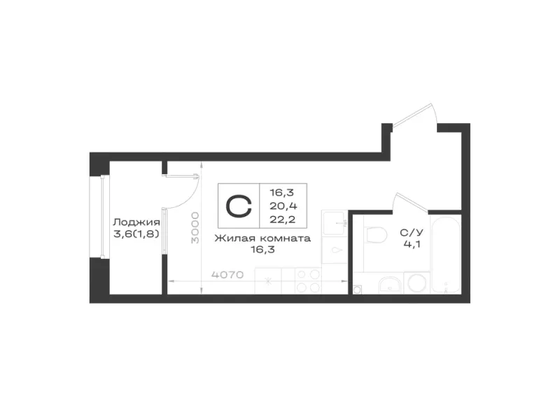 Студия 22.2 м²