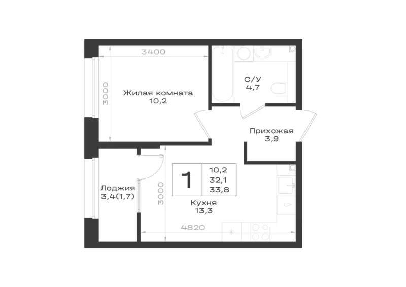 1-комн. 33.8 м²