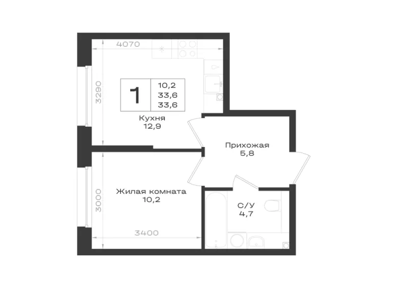 1-комн. 33.6 м²