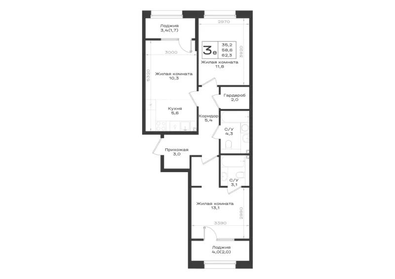 3-комн. 62.3 м²