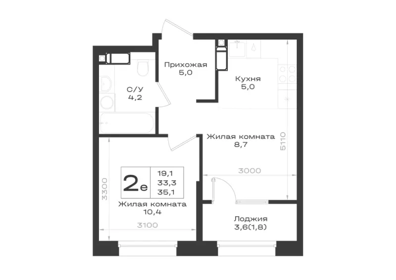 2-комн. 35.1 м²