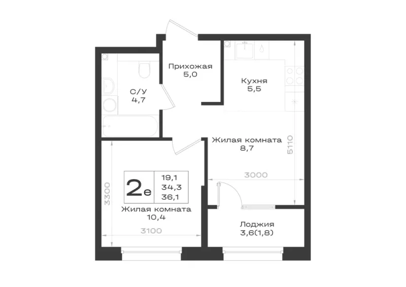 2-комн. 36.1 м²