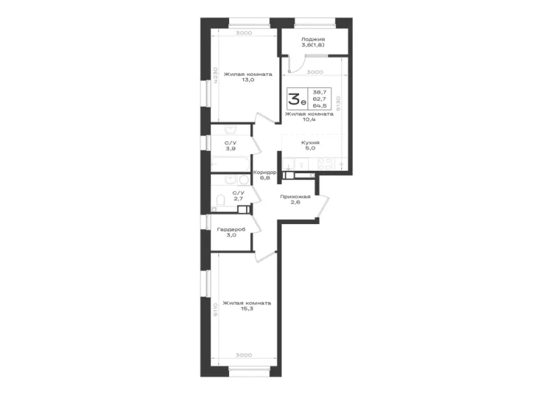 3-комн. 64.5 м²