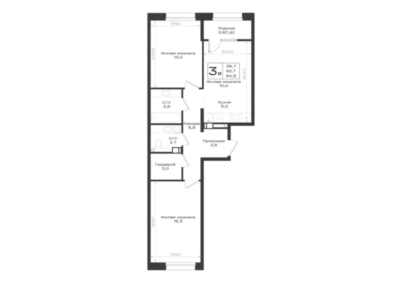 3-комн. 64.5 м²