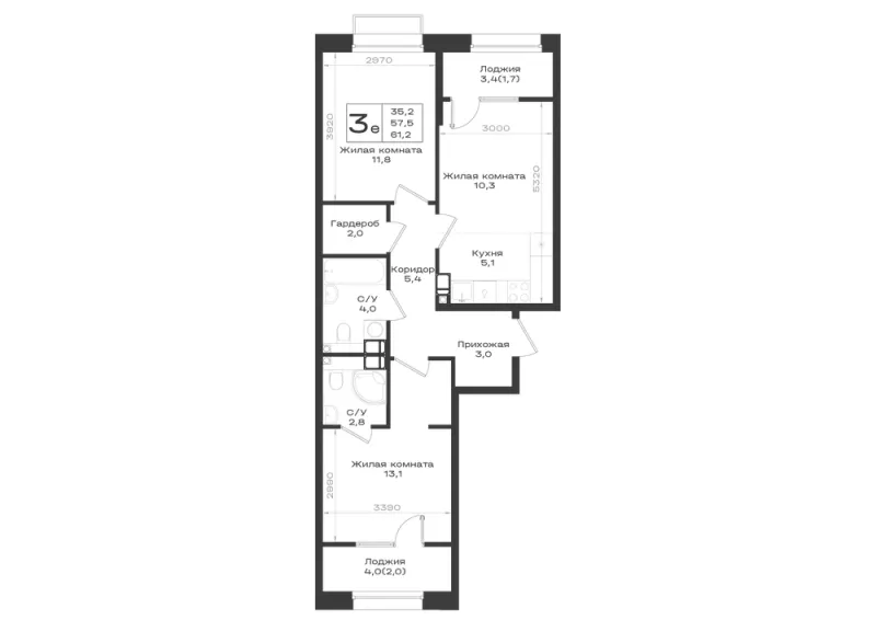 3-комн. 61.2 м²