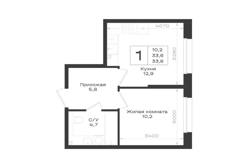 1-комн. 33.6 м²
