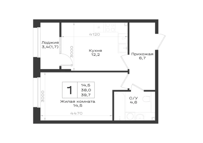 1-комн. 39.7 м²