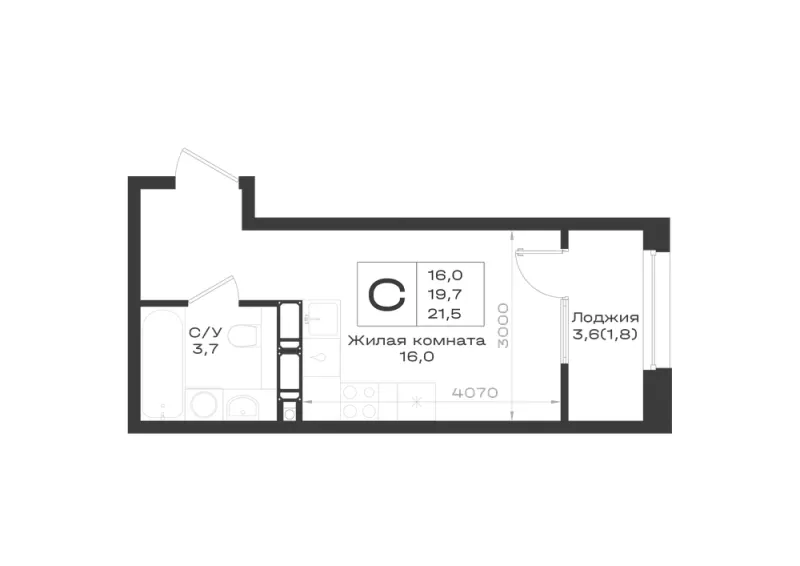 Студия 21.5 м²