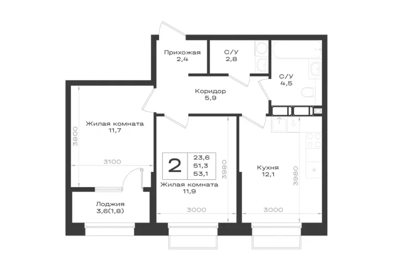 2-комн. 53.1 м²