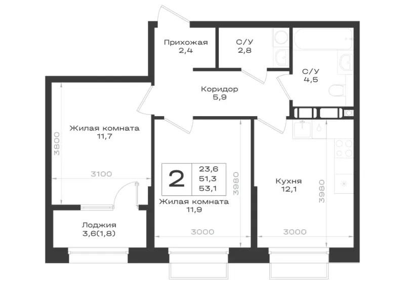 2-комн. 53.1 м²
