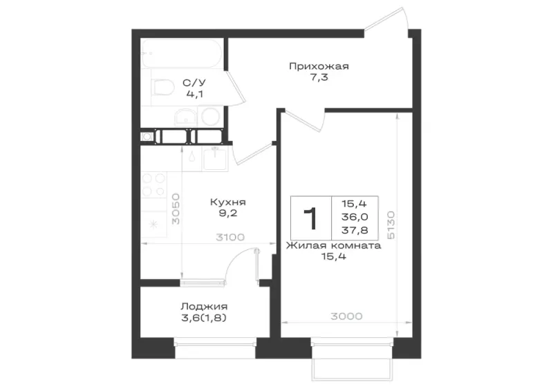 1-комн. 37.8 м²