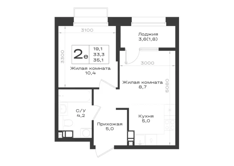 2-комн. 35.1 м²