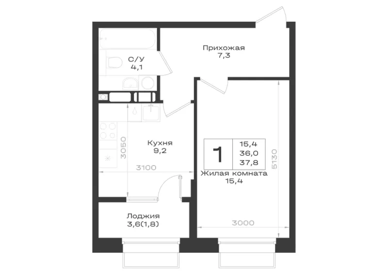 1-комн. 37.8 м²