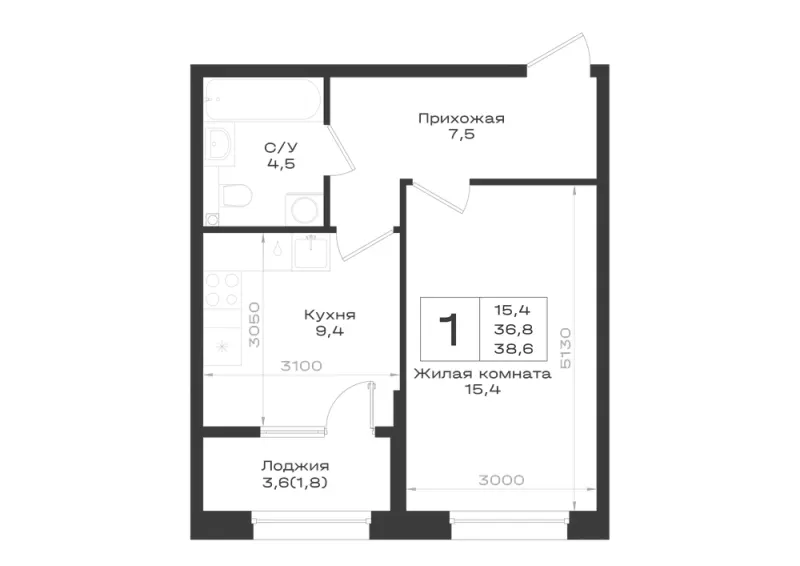 1-комн. 38.6 м²