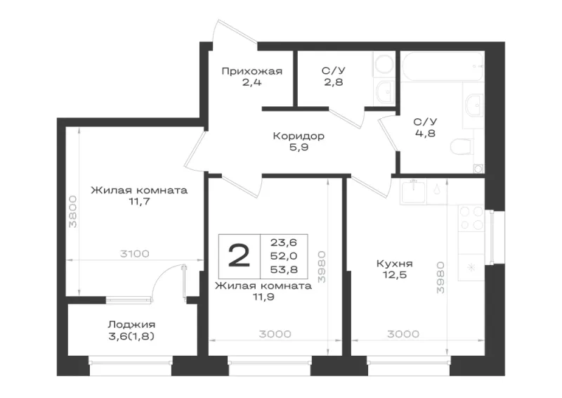 2-комн. 53.8 м²