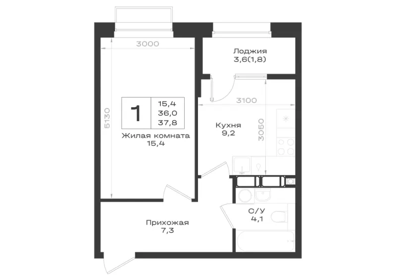 1-комн. 37.8 м²