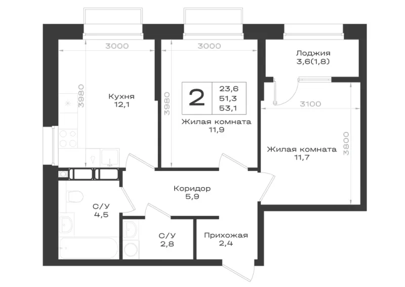 2-комн. 53.1 м²