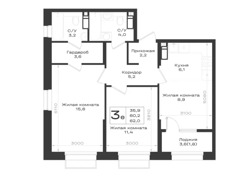 3-комн. 62 м²
