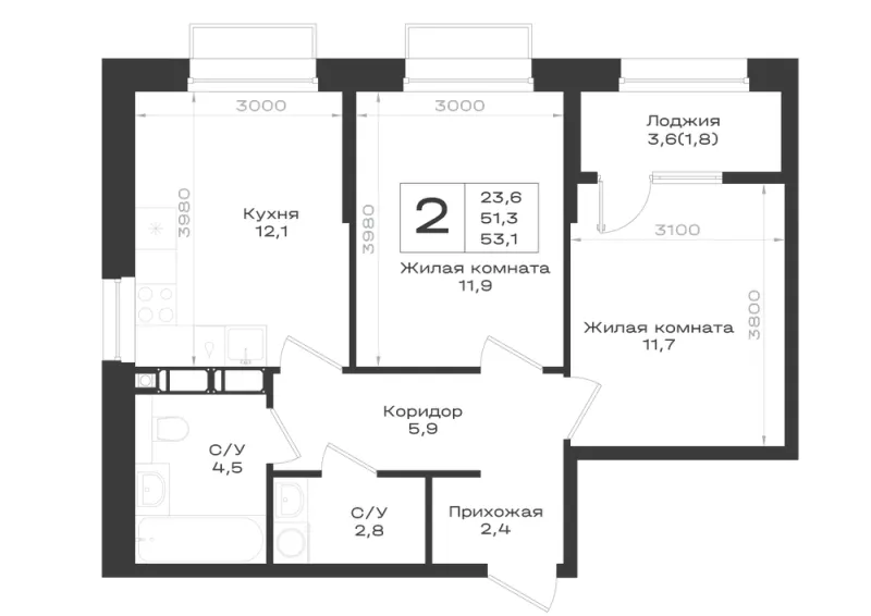 2-комн. 53.1 м²