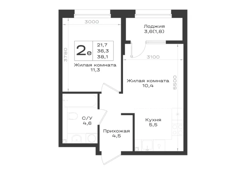 2-комн. 38.1 м²