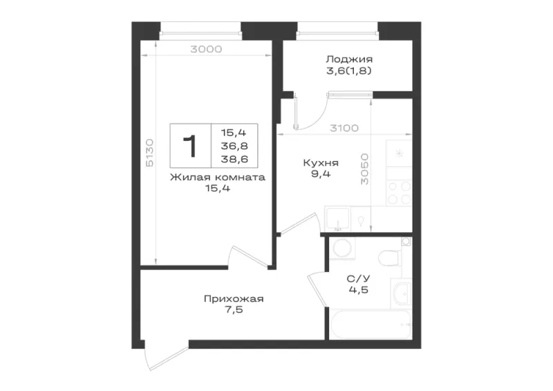 1-комн. 38.6 м²