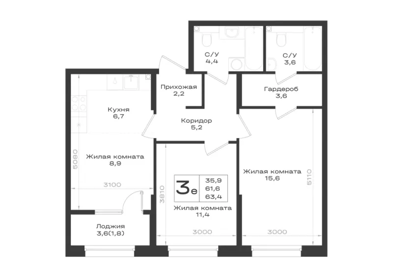 3-комн. 63.4 м²