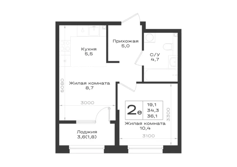 2-комн. 36.1 м²