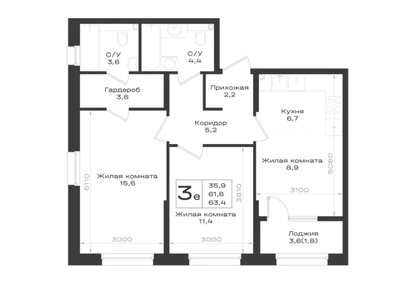 3-комн. 63.4 м²
