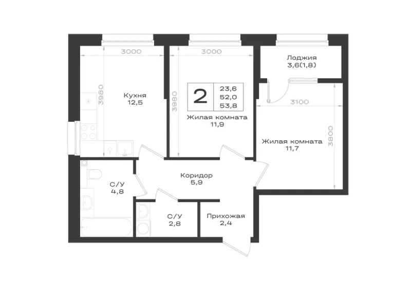 2-комн. 53.8 м²