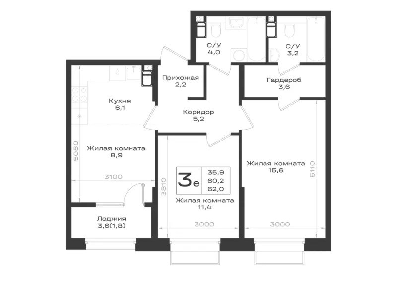 3-комн. 62 м²