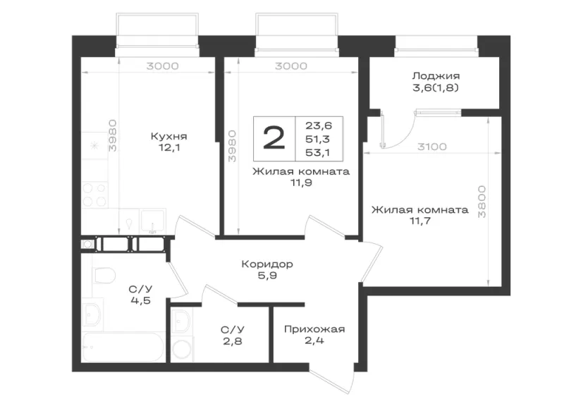 2-комн. 53.1 м²