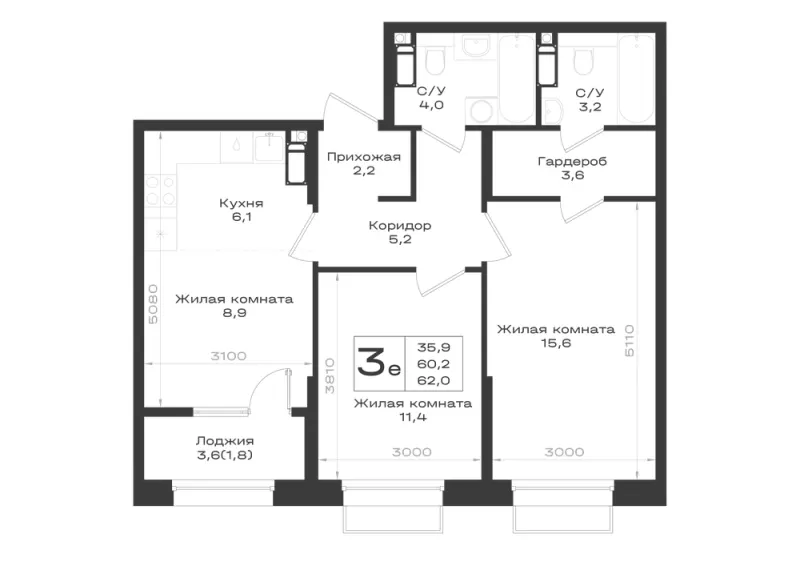 3-комн. 62 м²