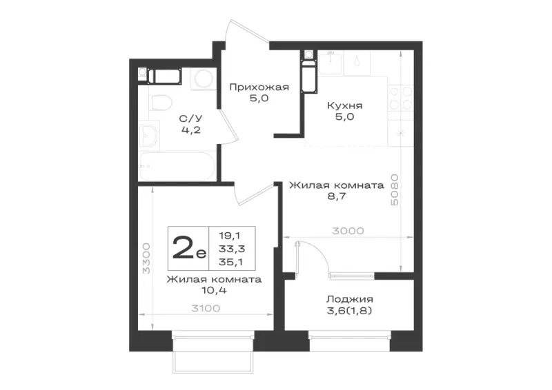 2-комн. 35.1 м²