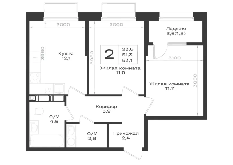 2-комн. 53.1 м²