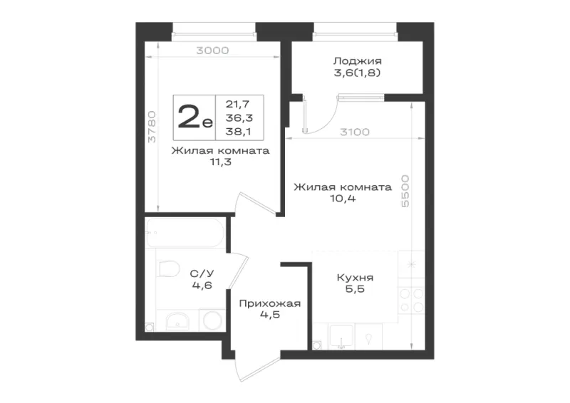 2-комн. 38.1 м²