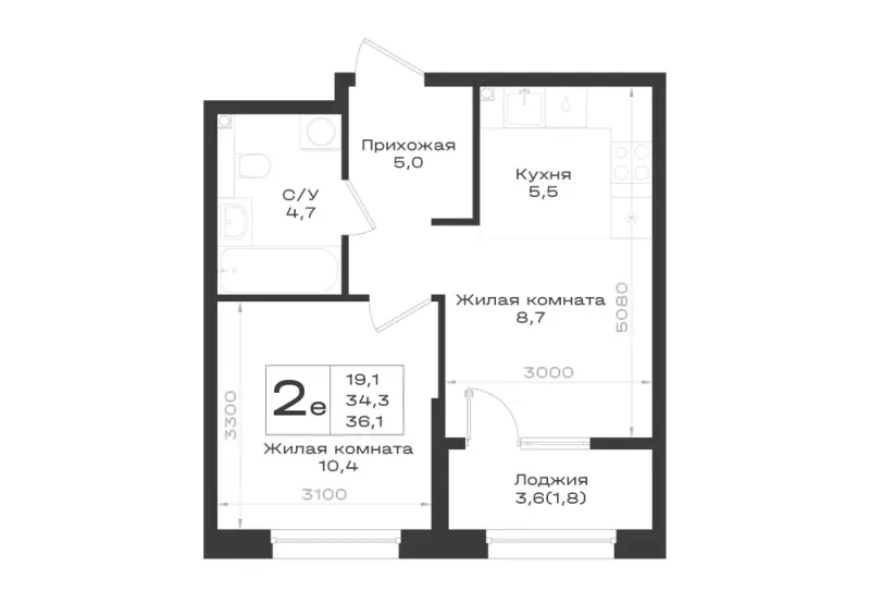 2-комн. 36.1 м²