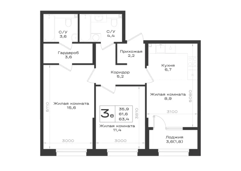 3-комн. 63.4 м²