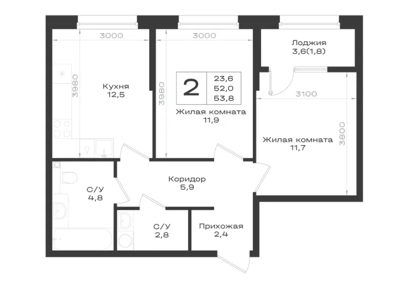 2-комн. 53.8 м²