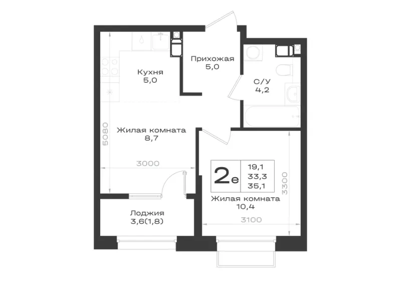 2-комн. 35.1 м²