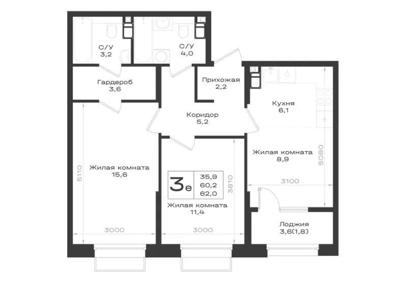 3-комн. 62 м²