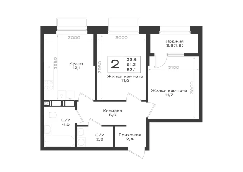 2-комн. 53.1 м²