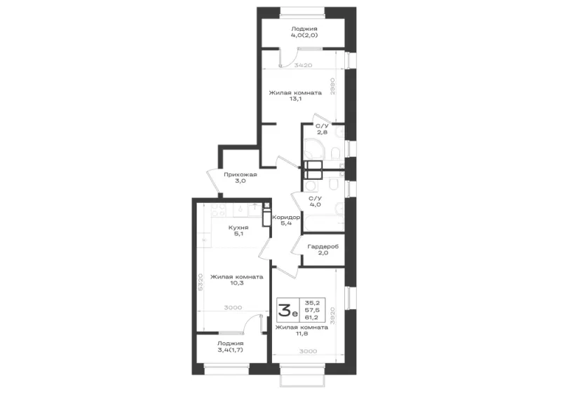 3-комн. 61.2 м²