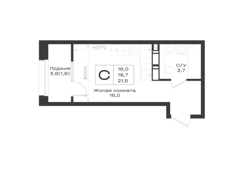Студия 21.5 м²