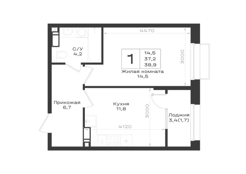 1-комн. 38.9 м²