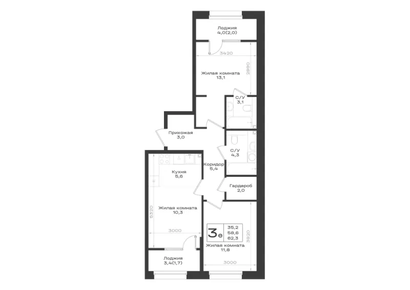 3-комн. 62.3 м²