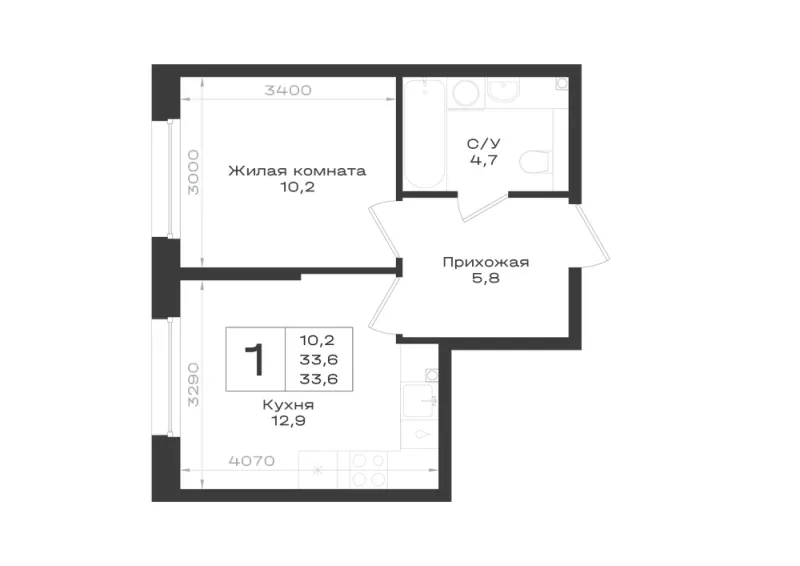1-комн. 33.6 м²