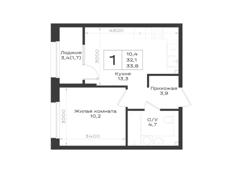1-комн. 33.8 м²