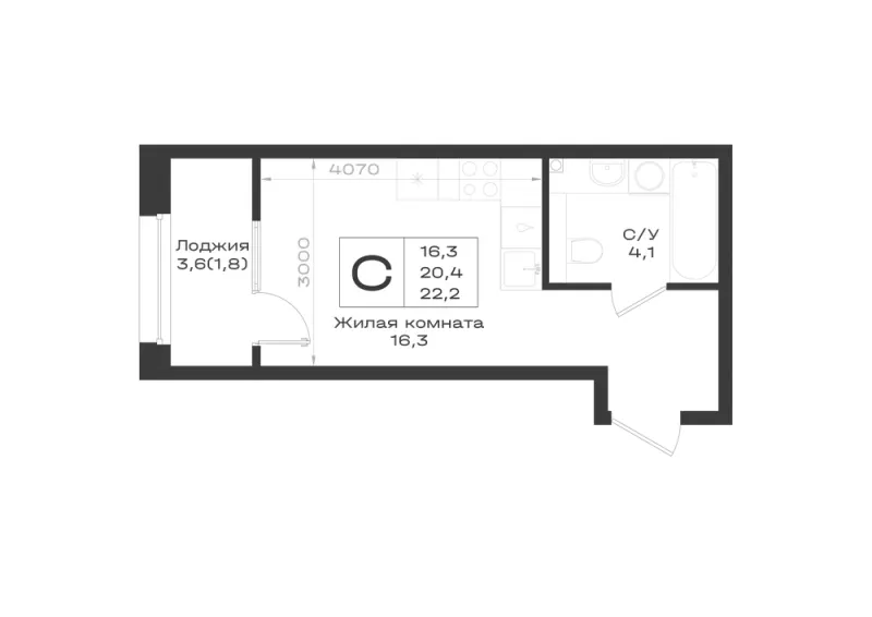 Студия 22.2 м²