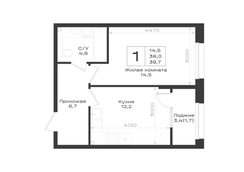 1-комн. 39.7 м²